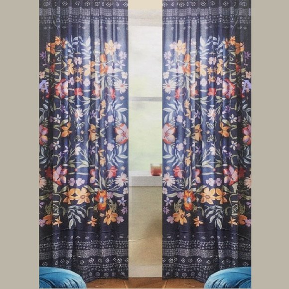 2 NAVY Wild Sage Julianna Floral Rod Pocket Window Curtains each is 95"L x 50"W - Picture 1 of 10